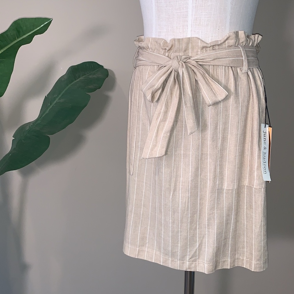 NWT June & Hudson Striped Cotton & Linen Paperbag Waist Skirt, Tan/Cream, Size L